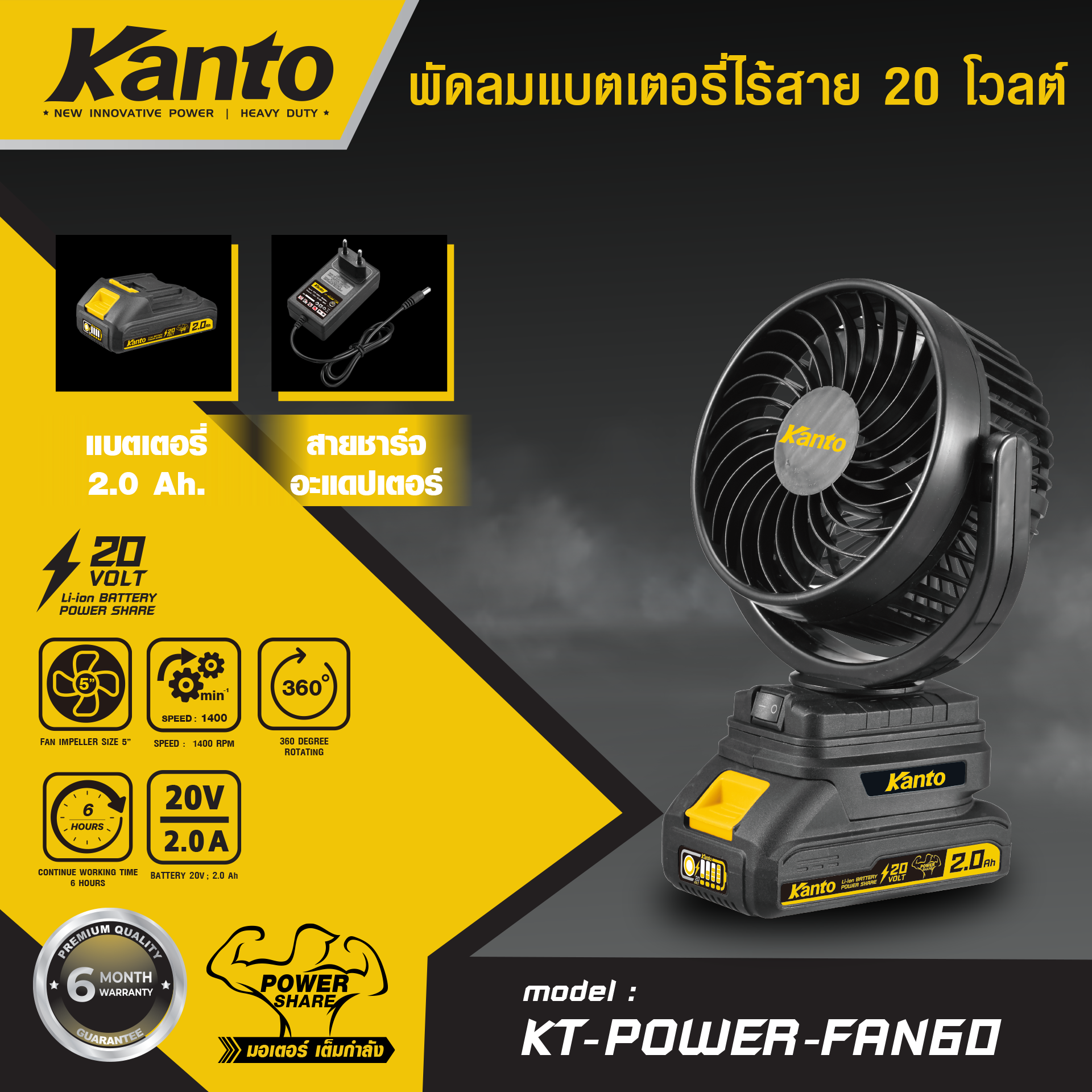 KANTO พัดลม 5″ แบตเตอรี่ไร้สาย20V. #KT-POWER-FAN60