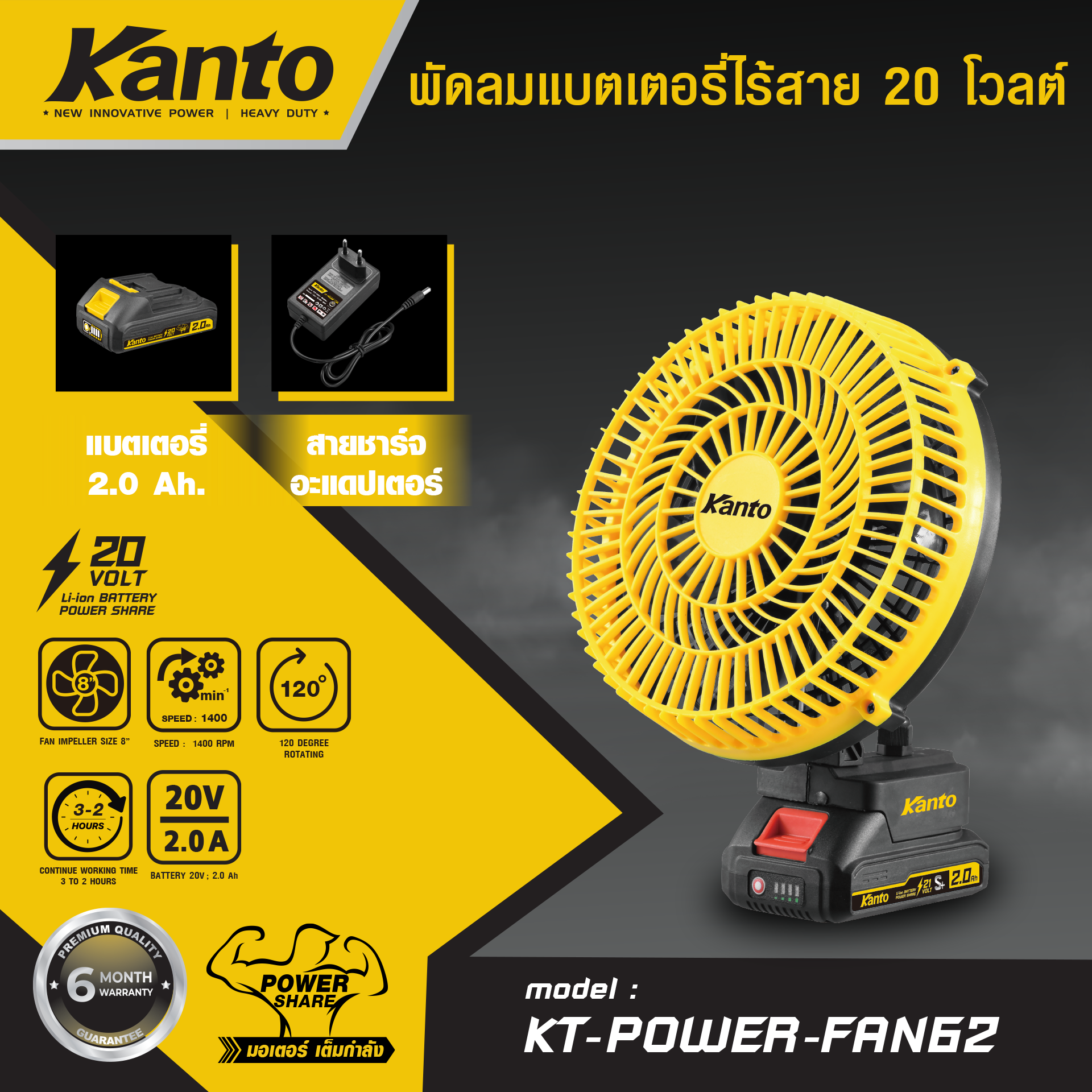 KANTO พัดลม 8 ” แบตเตอรี่ไร้สาย 20 V. #KT-POWER-FAN62
