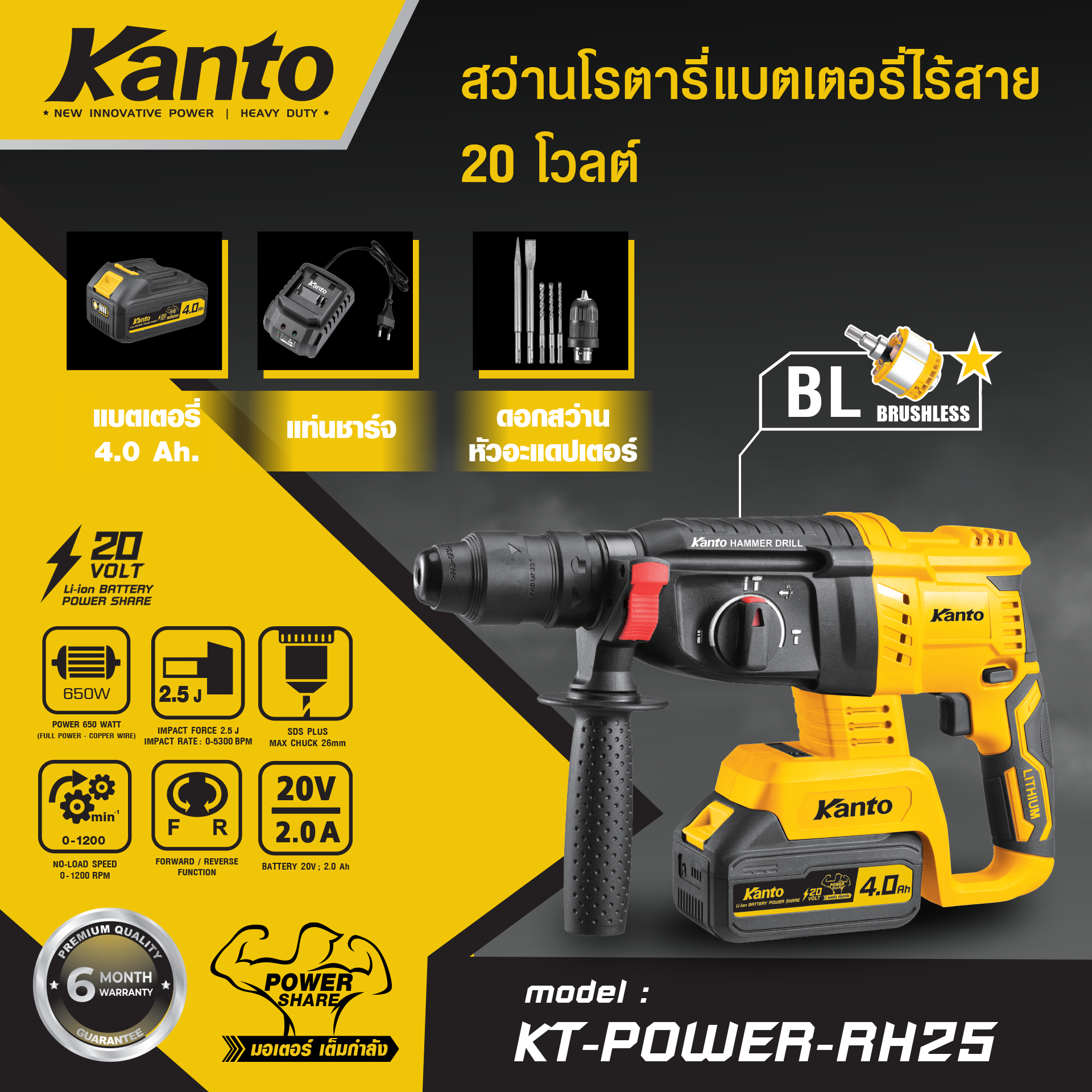 สว่านโรตารี่แบตเตอรี่ไร้สาย 20V. 650w. #KT-POWER-RH25